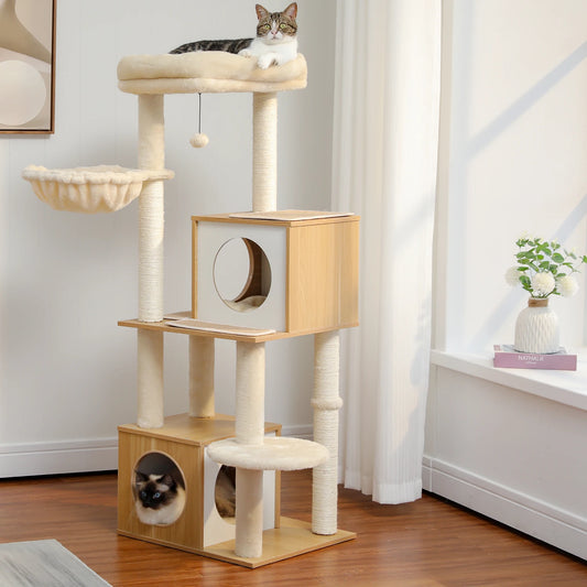 130CM Large Cat Tree Wooden Tower Indoor with Double Condos