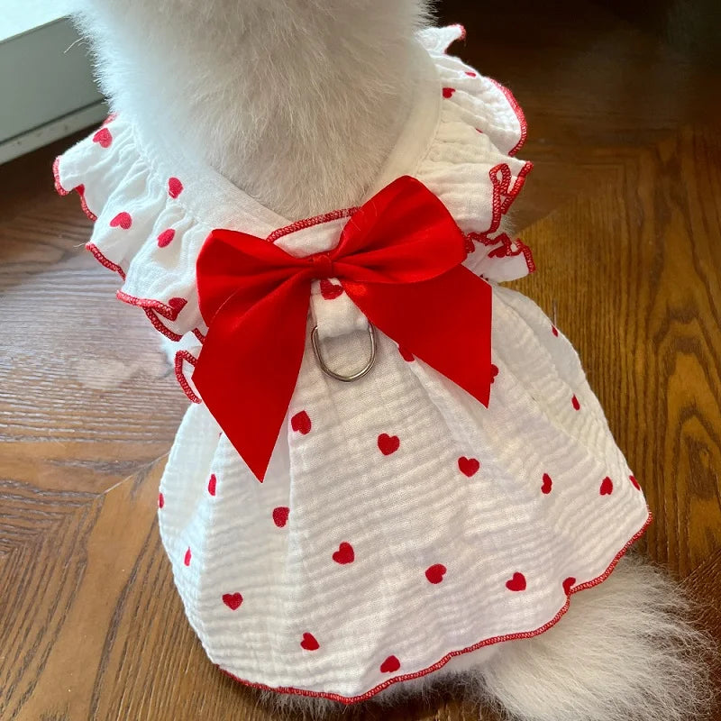 Summer  Dog Cooling Dress Thin Bow Heart Print Dog Clothes Pet Skirt