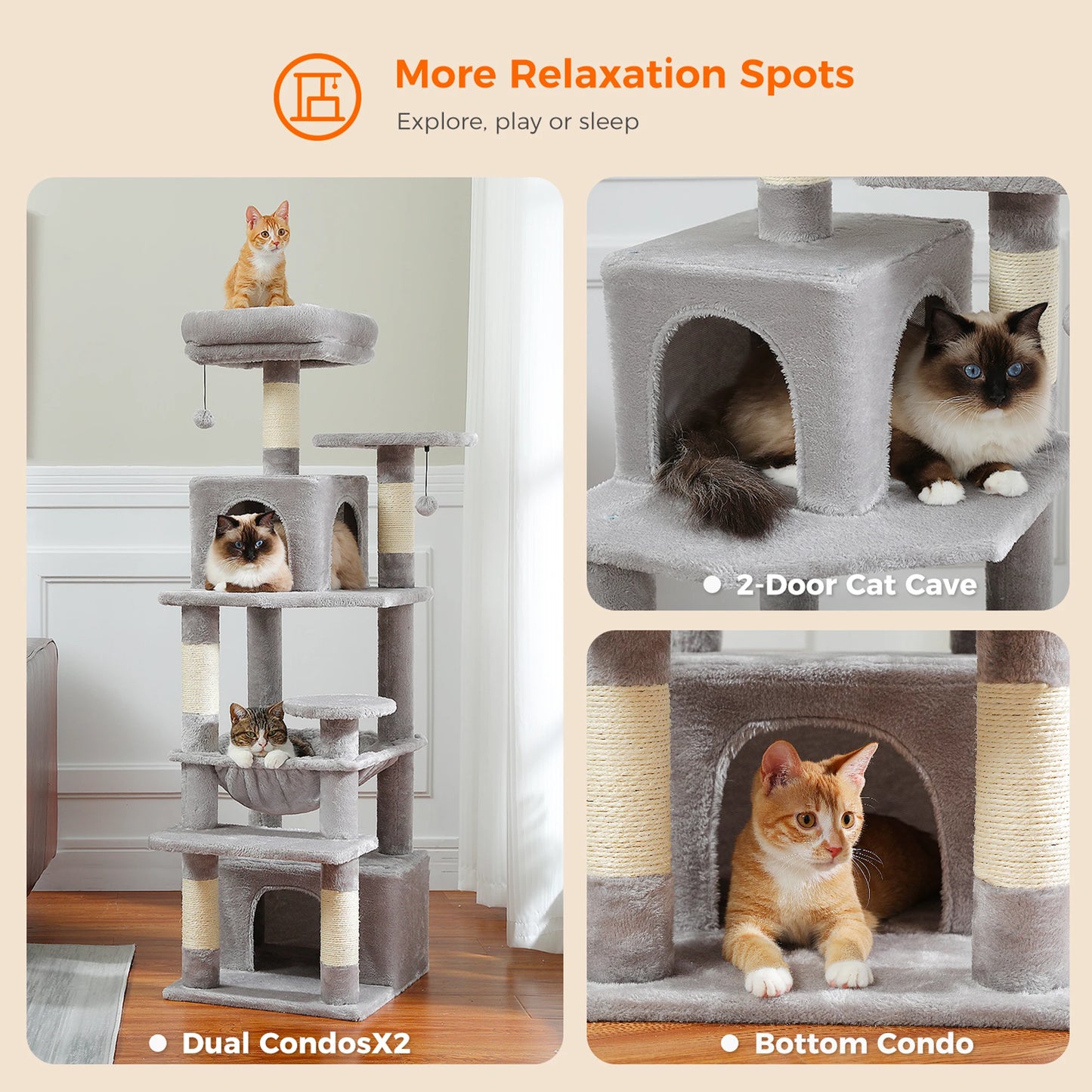 6-Levels Safe and Stable Cat Tree with Hammock and Condos