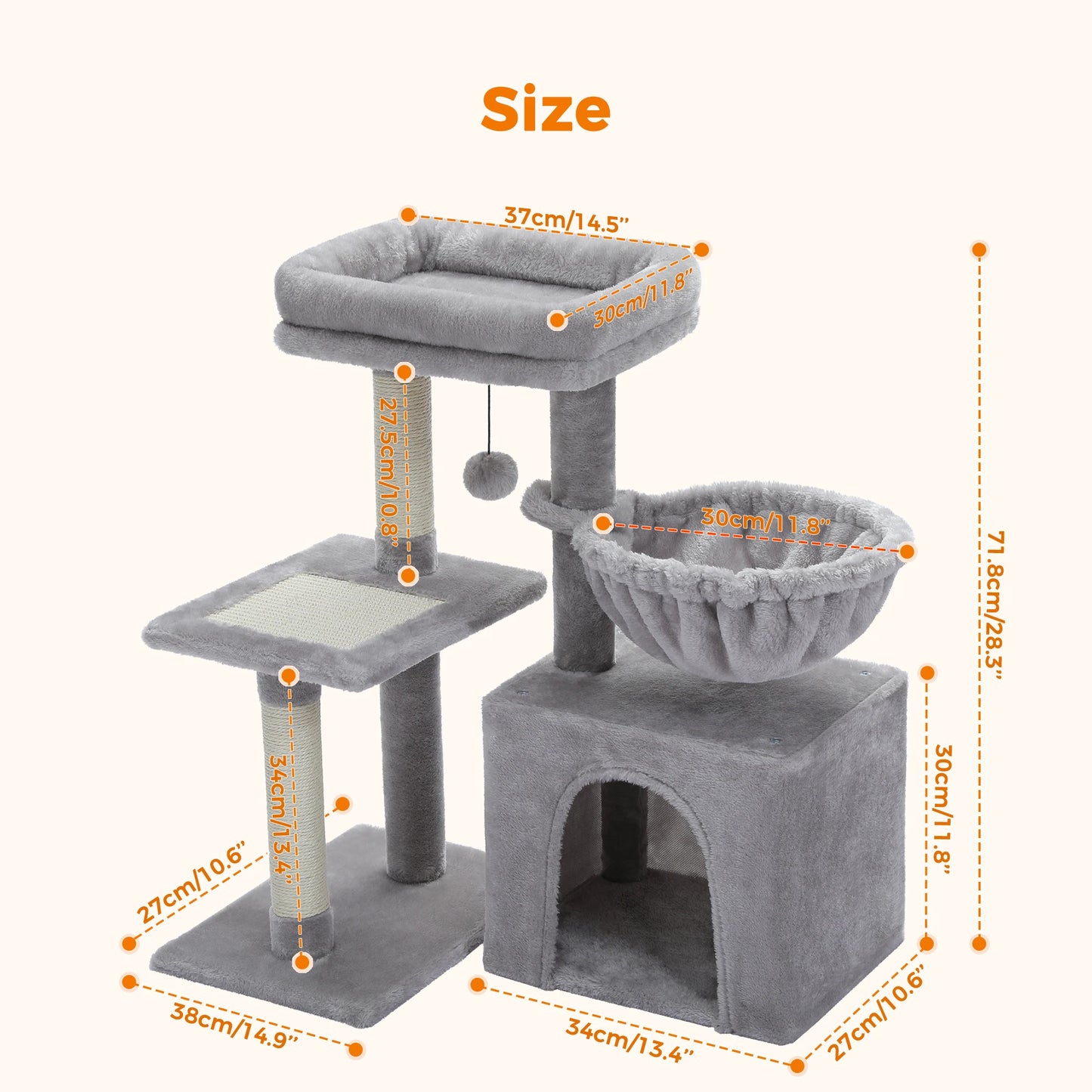 H73CM 2in1 Small Cat Tree Condo with Cozy Perch and Board