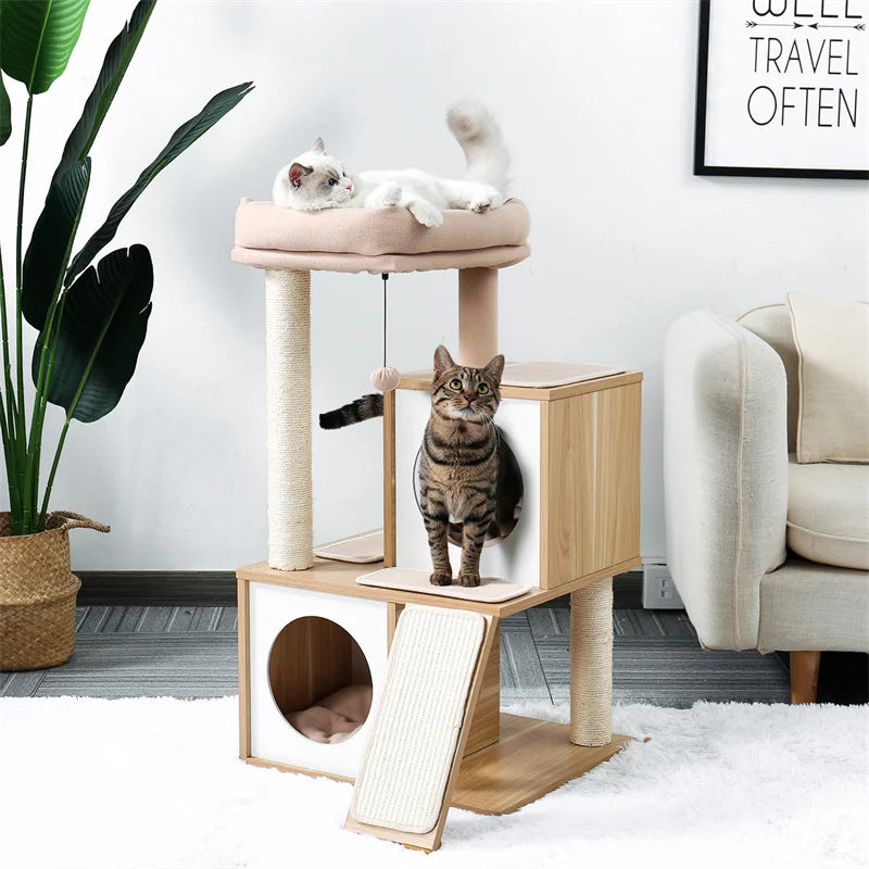 130CM Large Cat Tree Wooden Tower Indoor with Double Condos