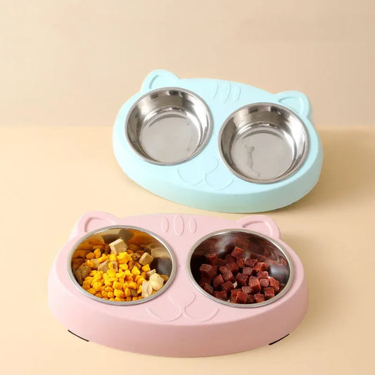 Pet Stainless Steel Cat Two-Bowl