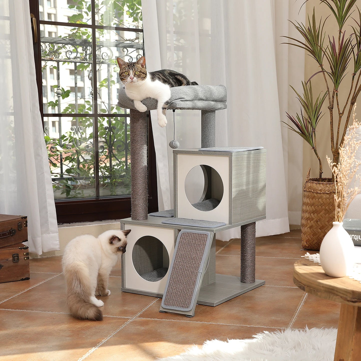 130CM Large Cat Tree Wooden Tower Indoor with Double Condos
