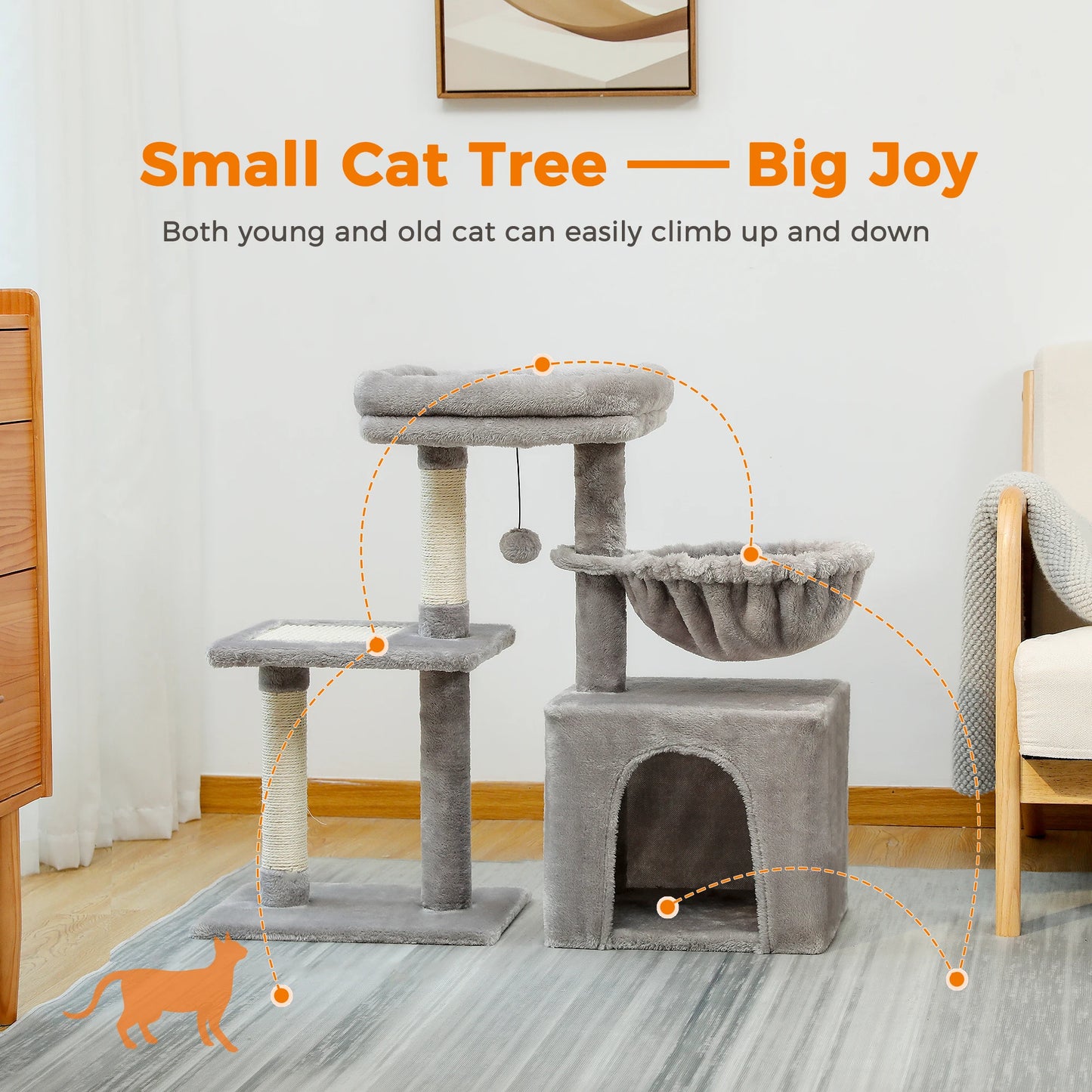 H73CM 2in1 Small Cat Tree Condo with Cozy Perch and Board