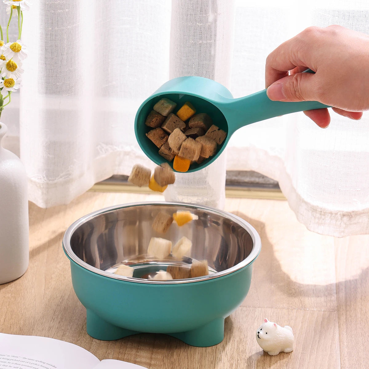 A stainless steel pet dog bowl is anti slip