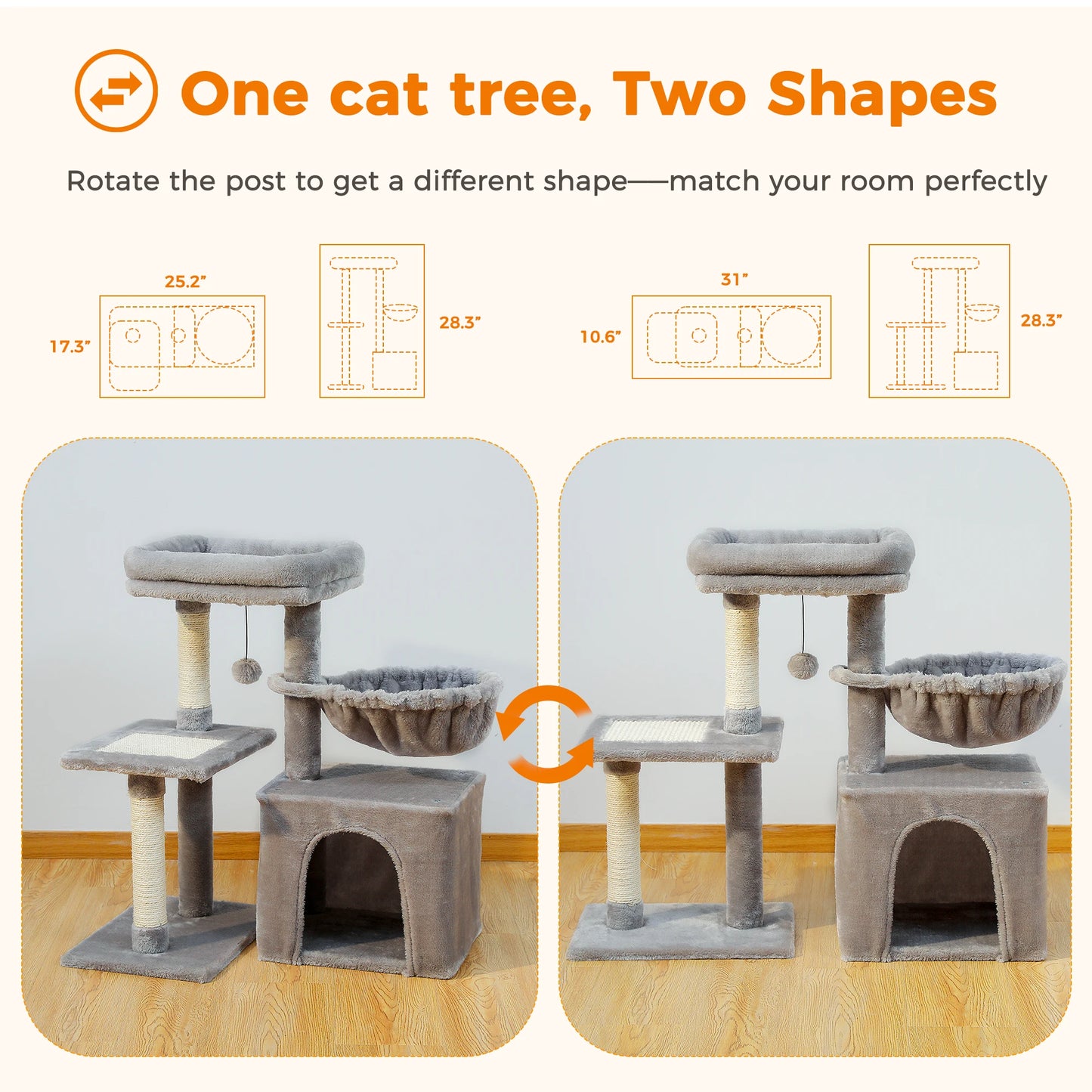 H73CM 2in1 Small Cat Tree Condo with Cozy Perch and Board