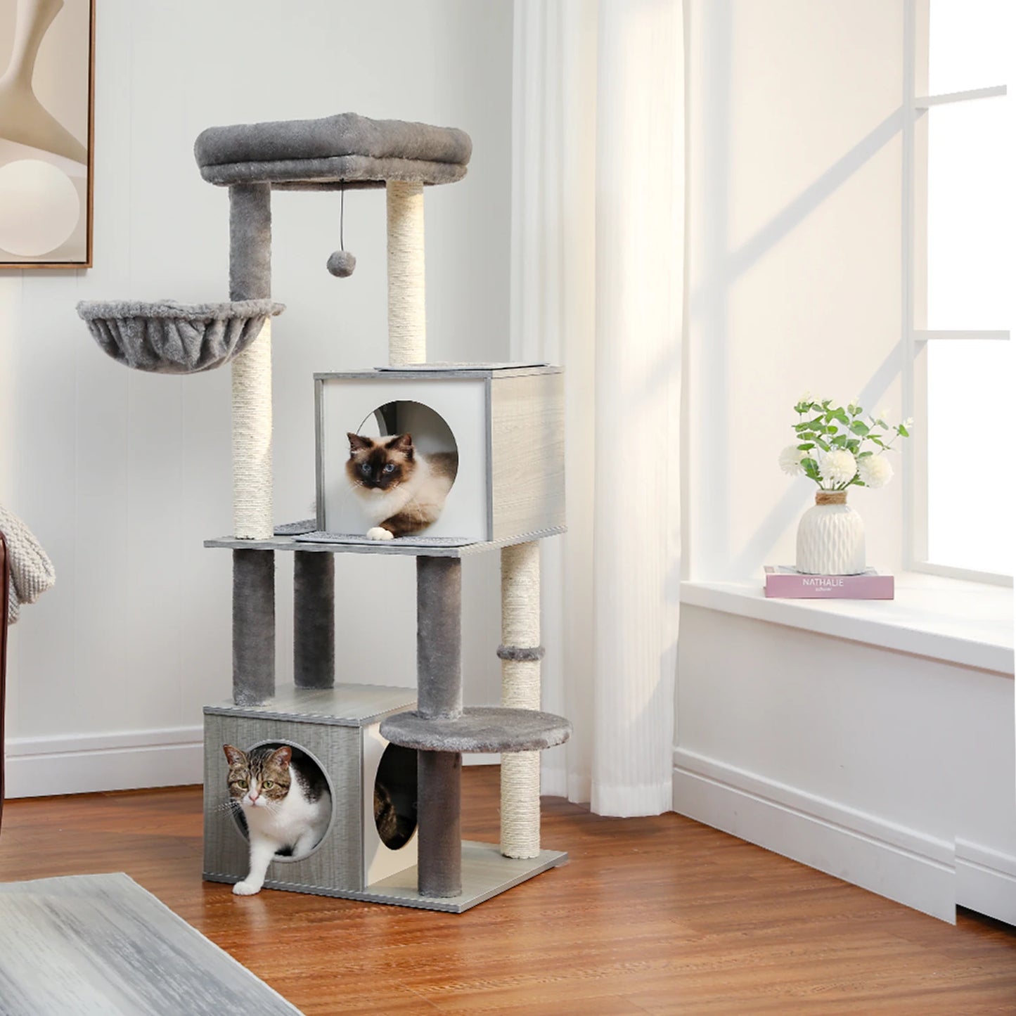 130CM Large Cat Tree Wooden Tower Indoor with Double Condos