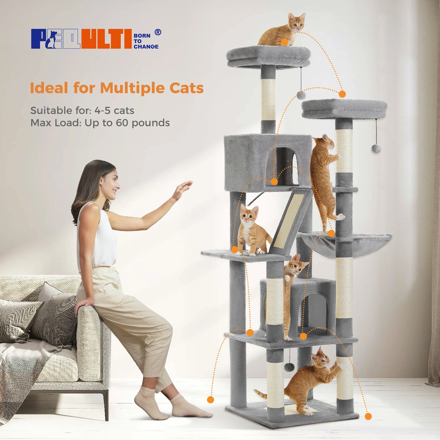 H180CM Large Cat Tree for Indoor Multi-Level Plush Tower