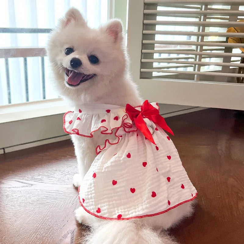 Summer  Dog Cooling Dress Thin Bow Heart Print Dog Clothes Pet Skirt